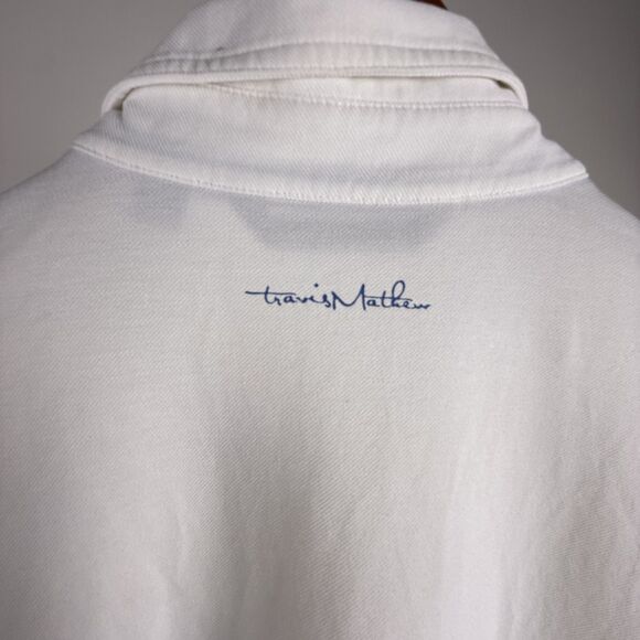 TravisMathew Men’s Polo Shirt Medium White Blue Stripe Performance Golf Top - Picture 5 of 7
